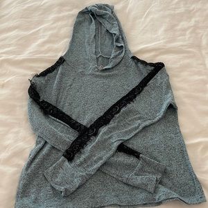 girls soft blue hoodie/sweater with black lace down the sleeves